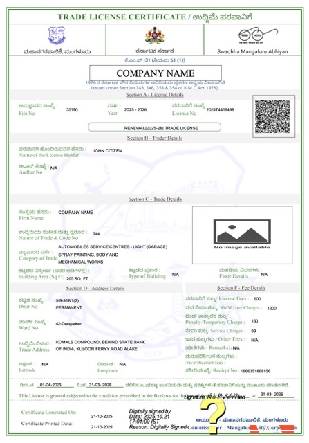 India Mangaluru trade license certificate Word and PDF template